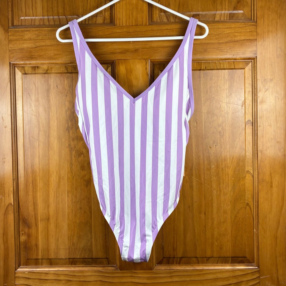 Purple White Striped V-Neck One Piece Swimsuit Medium NWT Nautical Pastel
